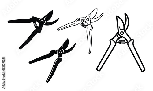 Pruning shears vector illustration, garden pruners open and closed, gardening tool equipment