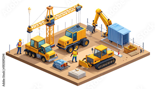 Construction site with heavy machinery and workers in an urban setting isolated on transparent background