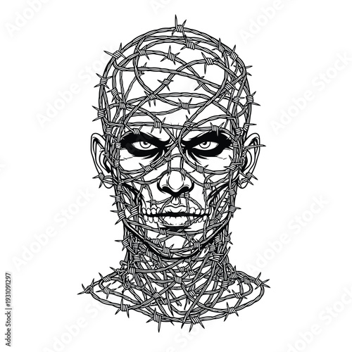 Human Head Entangled in Barbed Wire - Concept of Mental Anguish, Confinement, and Restriction