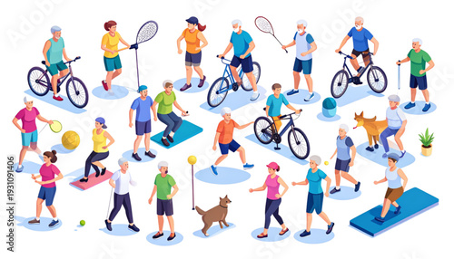 Diverse group of people engaging in various sports and outdoor activities together isolated on transparent background
