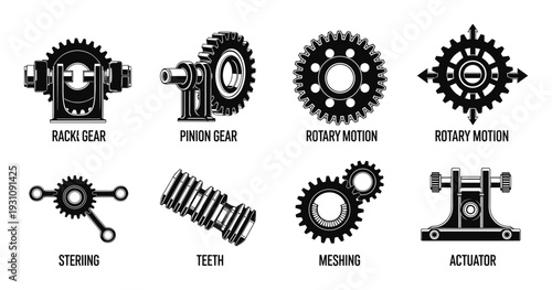 Rack, Pinion Gear, Rotary Motion, Actuator Vector Set, featuring Steering, Teeth, Meshing Engineering Concepts