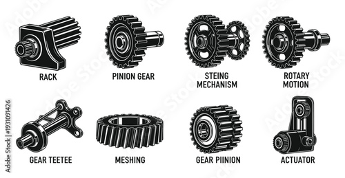 Rack, pinion gear, rotary motion, meshing, and actuator diagrams, engineering mechanical parts vector illustration