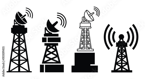 Radio towers vector illustration, antenna towers with satellite dishes, broadcasting towers icons, communications towers set.