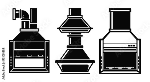 Range hood vent illustrations with three different styles in black and white kitchen appliance