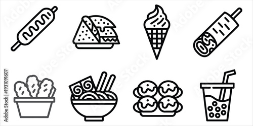 Black and White Icons of Popular Street Food and Drinks On White Background Keywords: food