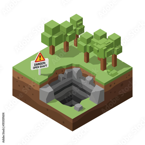 Isometric 3D Illustration of Danger Open Pit.