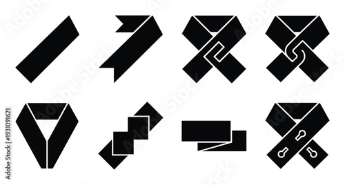 Ribbon Collection Vector Graphic; Black ribbons in various styles, knots, folds, and arrangements on white background.