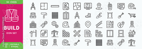 Construction or build line editable icon set. Contain icons related to build, construction, building, architecture, worker, and more. Editable stroke. Vector illustration
