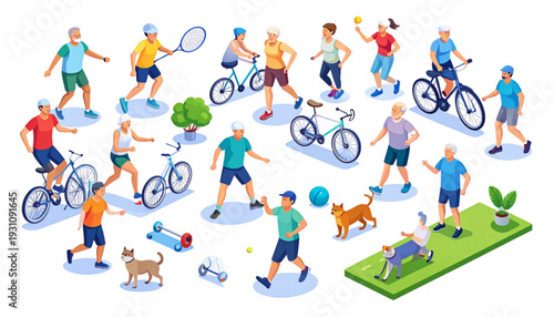 Diverse group of people engaging in various outdoor activities and sports isolated on transparent background