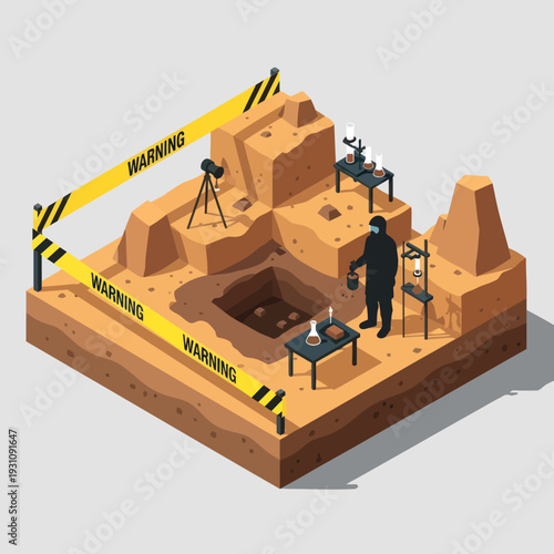 Archaeological Excavation Site with Researchers and Equipment.