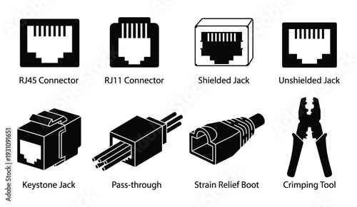 RJ45, RJ11 connectors, shielded and unshielded jacks, keystone jack, pass-through, strain relief boot and crimping tool