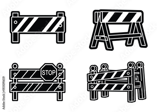 Road barrier icons, construction barriers, safety barricade, street blockade vector illustration, traffic stop, road closed sign
