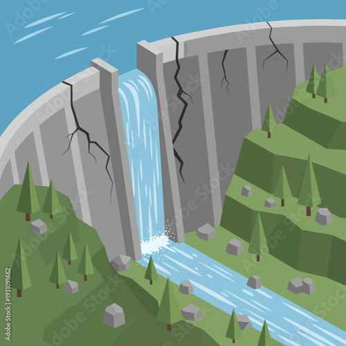 Dam Structure with Water Flow Illustration.
