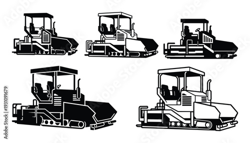 Road Paver Silhouette Set Vector Illustration, Construction Equipment Pavers Machine Collection