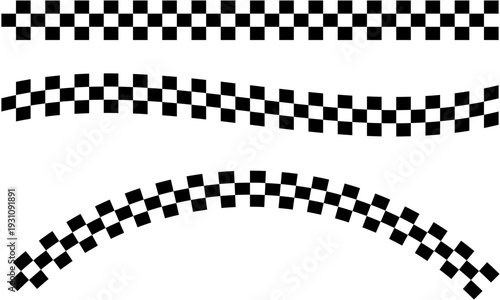 Checkered racing flag borders set, curved finish line stripe elements, motorsport decorative design