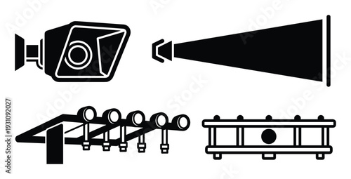 Security camera, spotlight and conveyor belt illustration vector, surveillance system for safety and security.