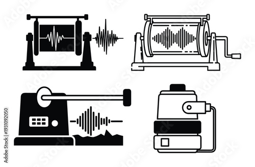 Seismograph vector illustrations, showing earthquake recording equipment for geological research and seismology study