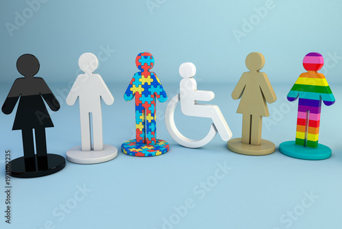 3D Illustration of diverse people icons with pride and disability symbols for inclusion