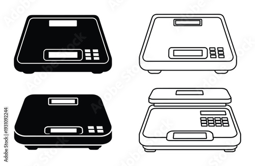 Set of digital scales vector illustrations, electronic weighing instruments designs with LCD screen, for food and retail applications