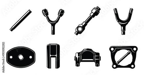 Set of eight black automotive suspension parts illustrations, rods, joints and mounts design