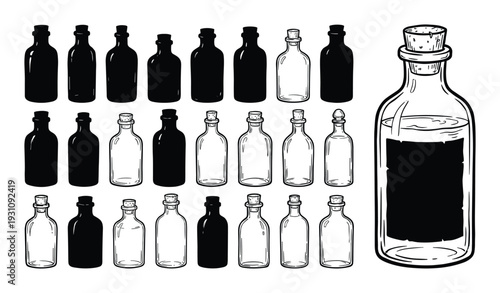 Set of old bottles and potions. Black and white bottles of different sizes and shapes vector illustration.
