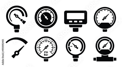 Set of pressure gauge icons. Vector illustration of measuring instrument. Analog and digital meter symbols in black silhouette.