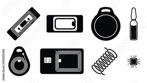 Set of RFID tags and microchips in vector illustration design elements. Contactless technology and wireless identification.