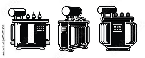 Set of three transformer vector illustrations, electrical equipment line art icons isolated