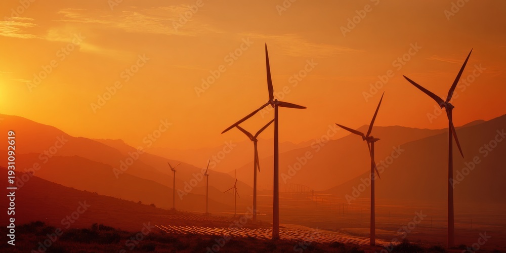 Fototapeta premium Renewable Energy Sources with Wind Turbines and Solar Panels Under Sunset Sky in Beautiful Landscape