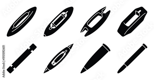 Set of weaving shuttles silhouette vector illustration, diverse types of handloom weaving equipment.