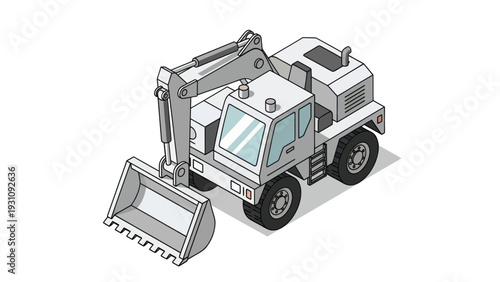 Isometric illustration of a white excavator construction vehicle.
