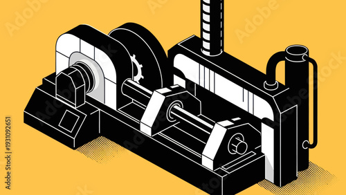 Isometric illustration of a vintage industrial steam engine machine.