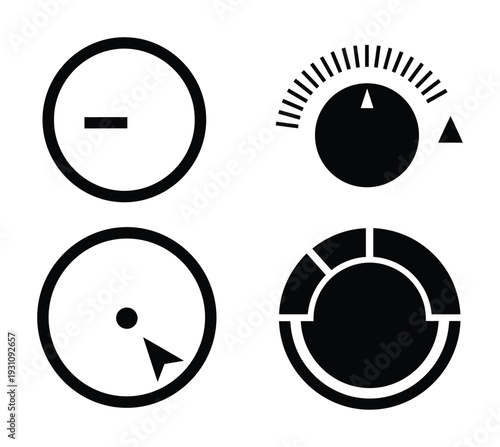 Settings icons: Minus sign, volume control, pointer and diagram. Black circular control panels.