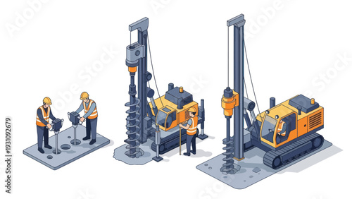 Isometric illustration of construction workers operating drilling rigs.