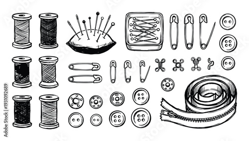 Sewing supplies illustration: spools, pins, safety pins, needles, buttons and a zipper, hand drawn sketch.