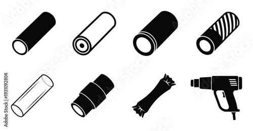 Shrink tube set vector illustration, heat shrink tubing types and heat gun
