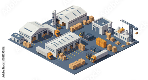 Isometric Industrial Warehouse and Logistics Center with Trucks and Cargo.