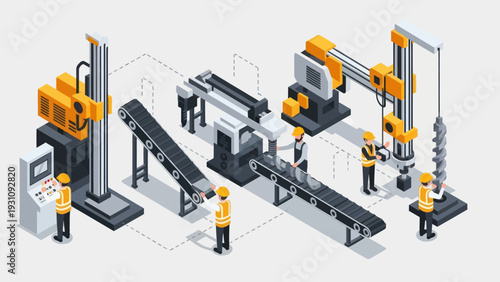 Isometric Industrial Production Line with Workers and Machinery.
