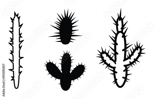 Silhouette cactus collection, plant silhouettes with spines, black cactuses illustration, botanical desert succulent, botanical vector