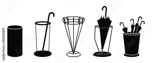 Silhouette umbrella stands collection with umbrellas inside, various styles and designs