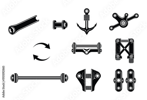 Silhouetted mechanical components and engineering elements in black and white vector drawings set