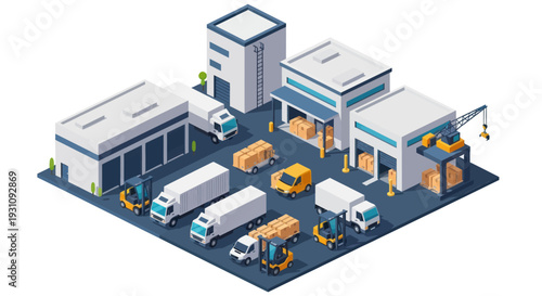 Isometric Logistics and Distribution Hub with Trucks and Warehouses.