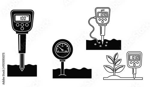 Soil pH meters vector illustration, digital and analog testers for agriculture and gardening, plant health measurement.