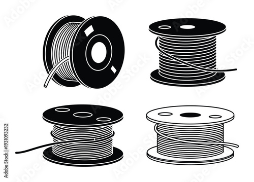 Spools of wire vector illustration, various styles of reels filled with electric cables