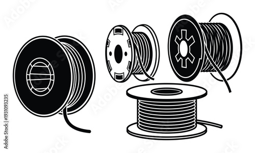 Spools of wire vector illustration. Black outline of wire spools with different designs and winding types.