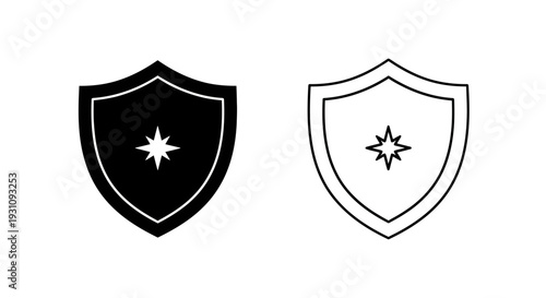 Shield logos with starburst design elements in black and white Vector