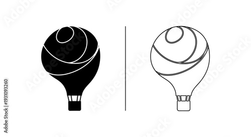 Hot air balloon line art and solid black illustration Vector