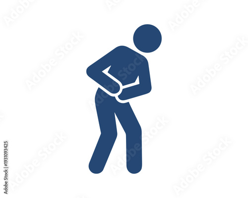 Stick figure with stomach ache holding abdomen, discomfort and pain, medical condition and health issue icon.