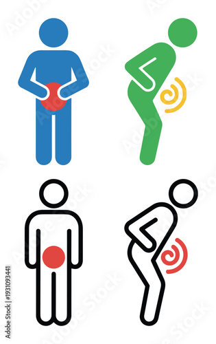 Stick figures showing pain locations abdomen and back with spiral signs, vector illustration