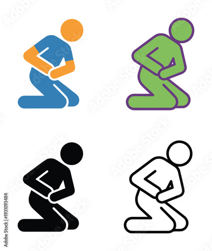 Stomach ache icon set, colored and outline pain, medical symbol, person kneeling and holding belly, health problem